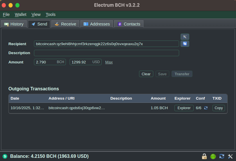 Electrum BCH wallet interface screenshot